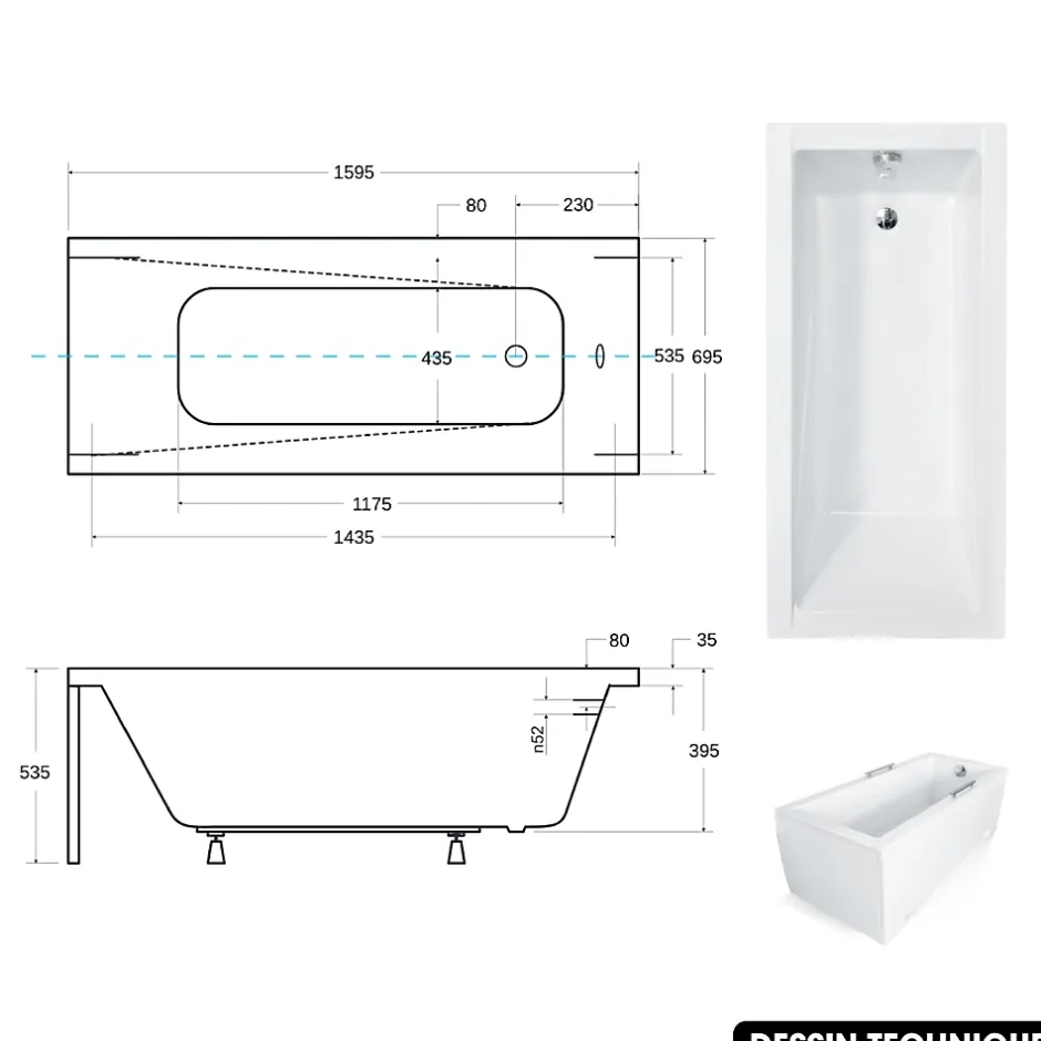 Besco Baignoire rectangulaire - avec Tablier Blanc et Repose Tête OFFERT - MODERN - 160 x 70 cm* Baignoire Droite