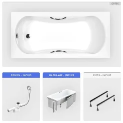 Besco Baignoire rectangulaire - 150 x 70 cm - avec Habillage - Pieds - Poignées - Vidage Chrome - ARIA PLUS