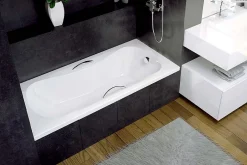 Besco Baignoire rectangulaire - 150 x 70 cm - avec Habillage - Pieds - Poignées - Vidage Chrome - ARIA PLUS