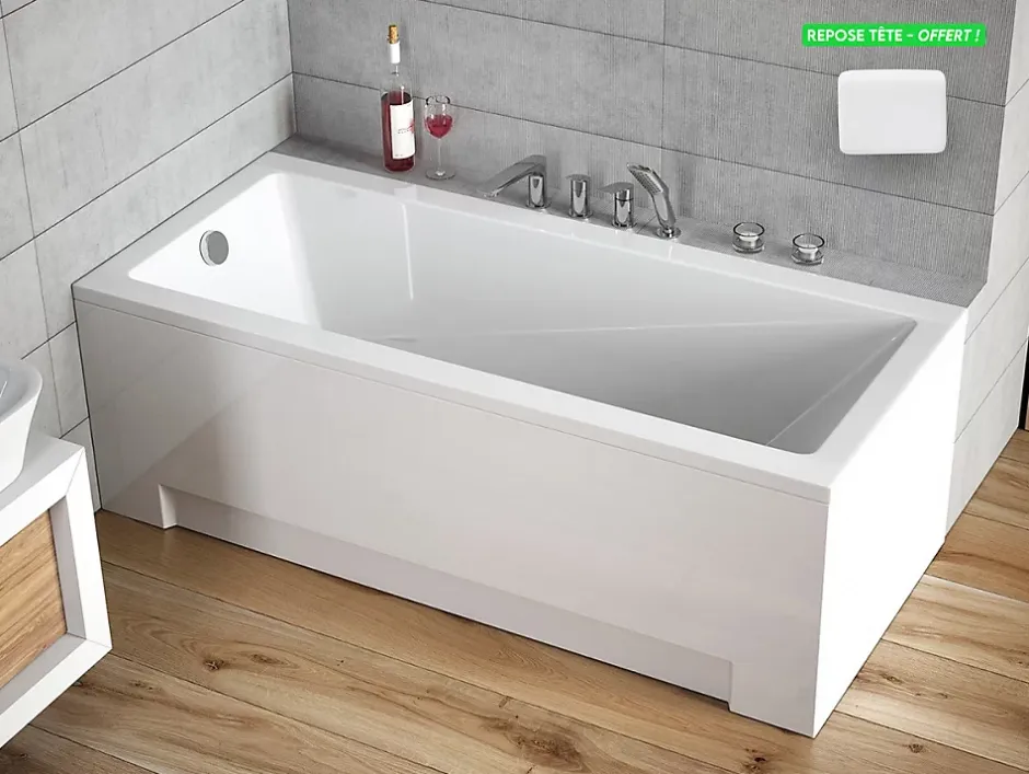Besco Baignoire rectangulaire - avec Tablier Blanc et Repose Tête OFFERT - MODERN - 140 x 70 cm