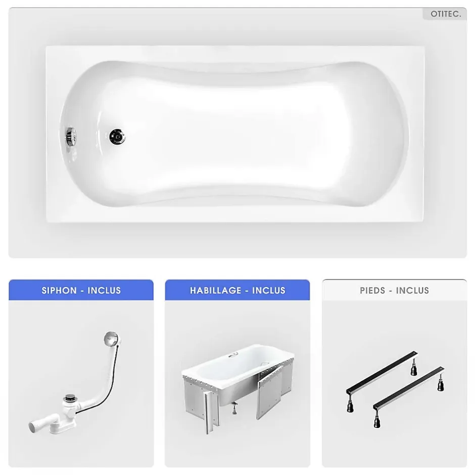 Besco Baignoire rectangulaire - 130 x 70 cm - avec Habillage - Pieds - Vidage Chrome - ARIA* Baignoire Droite
