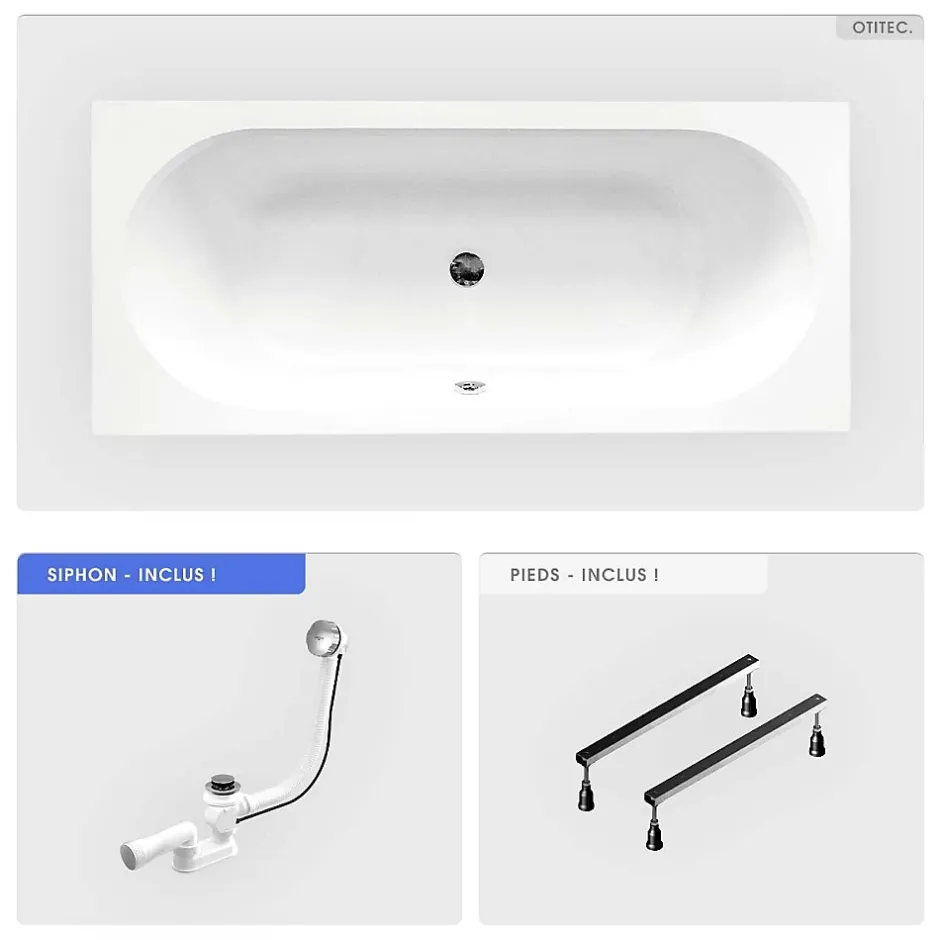 Besco Baignoire rectangulaire - 160 x 75 cm - sans Habillage - avec Pieds - Vidage Chrome - VITAE