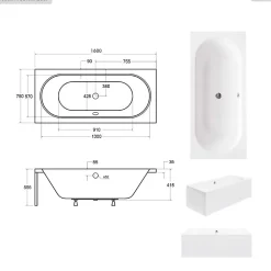 Besco Baignoire rectangulaire - 160 x 75 cm - sans Habillage - avec Pieds - Vidage Chrome - VITAE