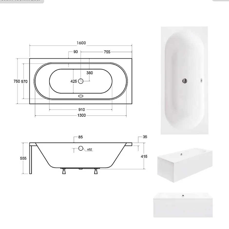 Besco Baignoire rectangulaire - 160 x 75 cm - sans Habillage - avec Pieds - Vidage Chrome - VITAE