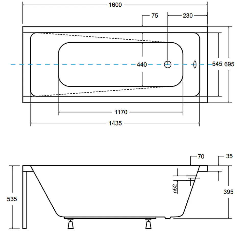 Badland Baignoire rectangulaire 160 x 70 MODERN acrylique blanc, sans Habillage + Pieds + Vidage à chromé