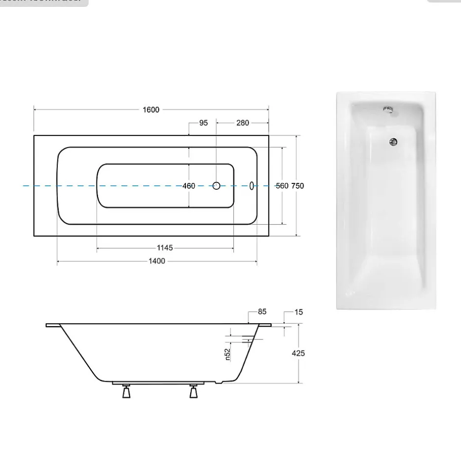 Besco Baignoire rectangulaire - 160 x 70 cm - sans Habillage - avec Pieds - Vidage Chrome - TALIA SLIM* Baignoire Droite