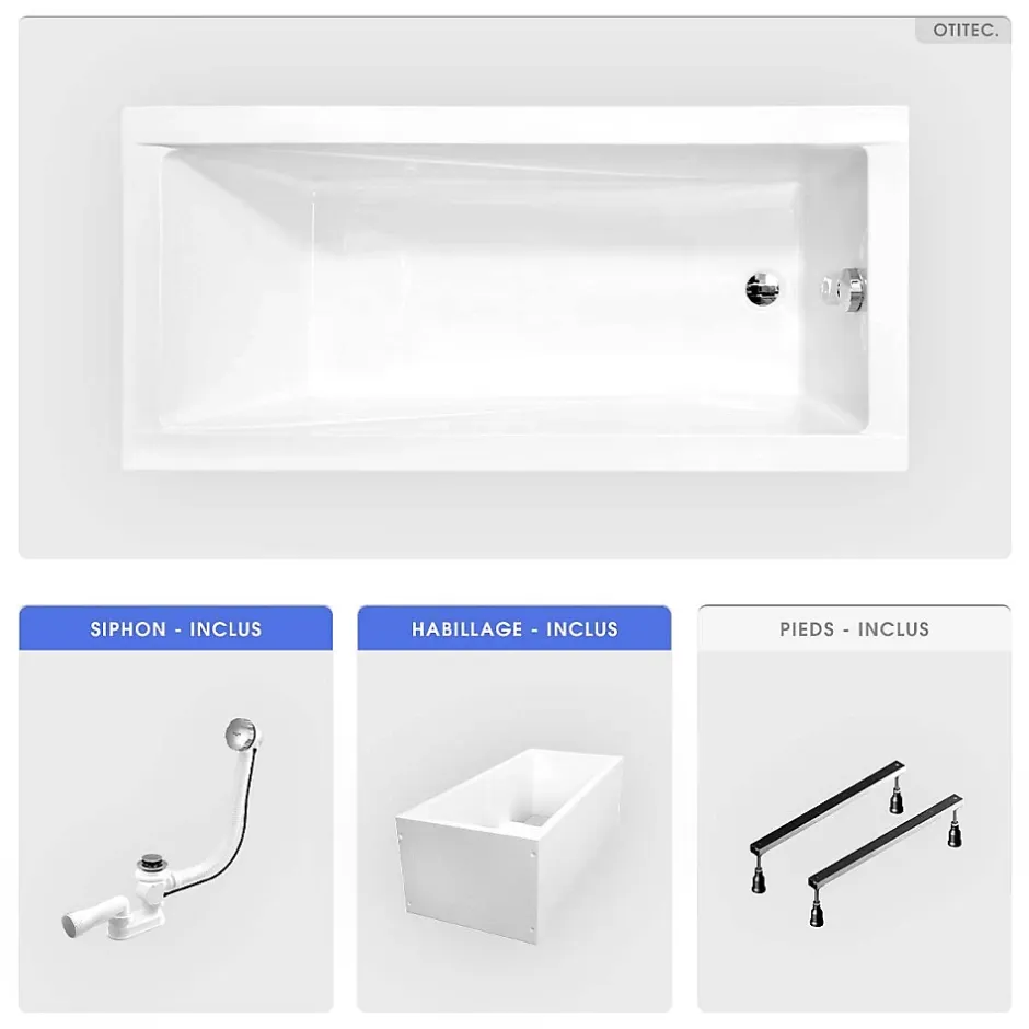 Besco Baignoire rectangulaire - 170 x 70 cm - avec Habillage Polystyrène - Pieds - Vidage Chrome - MODERN SLIM