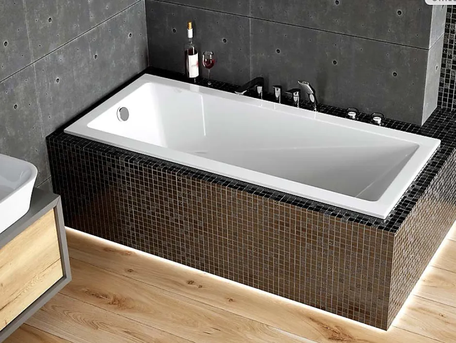 Besco Baignoire rectangulaire - 170 x 70 cm - avec Habillage Polystyrène - Pieds - Vidage Chrome - MODERN SLIM