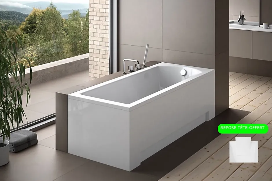 Besco Baignoire rectangulaire + tablier blanc + repose tête - SHEA - 150 x 70 cm