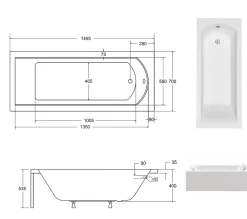 Besco Baignoire rectangulaire + tablier blanc + repose tête - SHEA - 150 x 70 cm