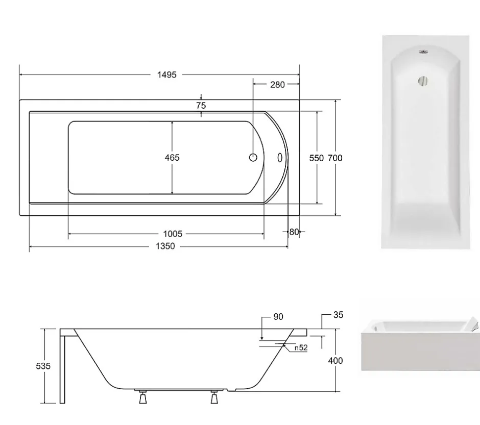 Besco Baignoire rectangulaire + tablier blanc + repose tête - SHEA - 150 x 70 cm