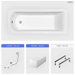 Besco Baignoire rectangulaire - 180 x 80 cm - avec Tablier - Pieds - Vidage Chrome - SHEA