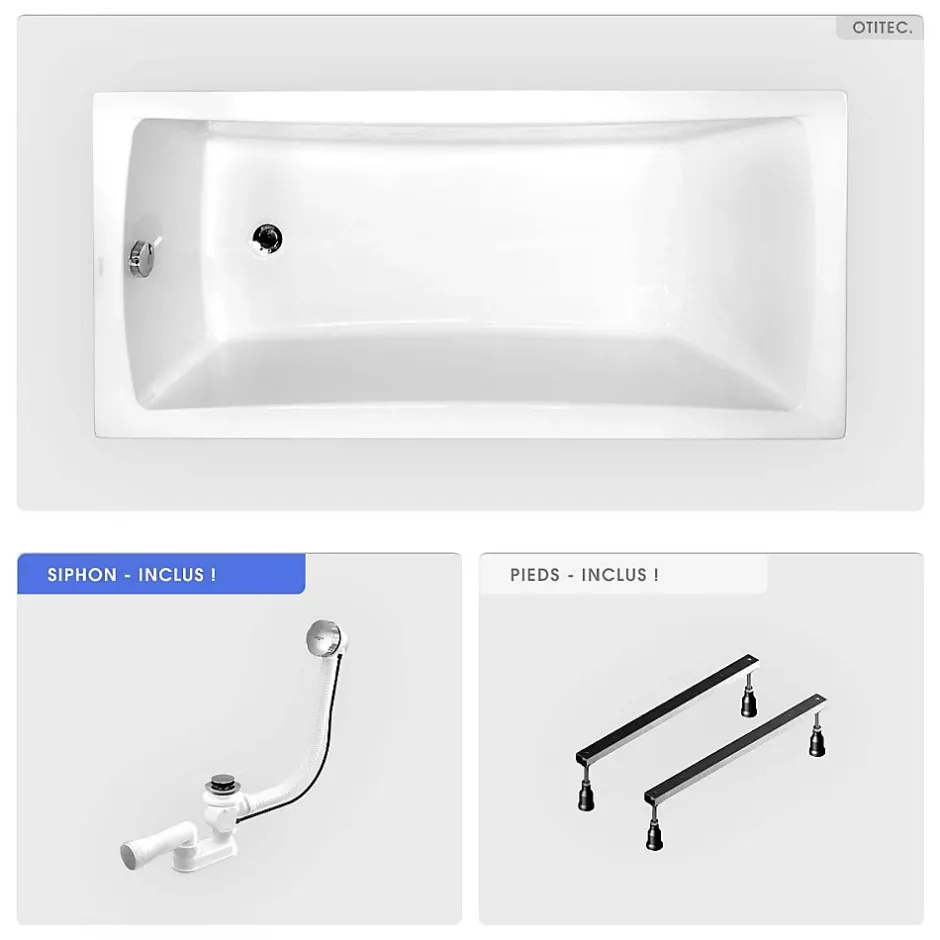 Besco Baignoire rectangulaire - 160 x 70 cm - sans Habillage - avec Pieds - Vidage Chrome - OPTIMA
