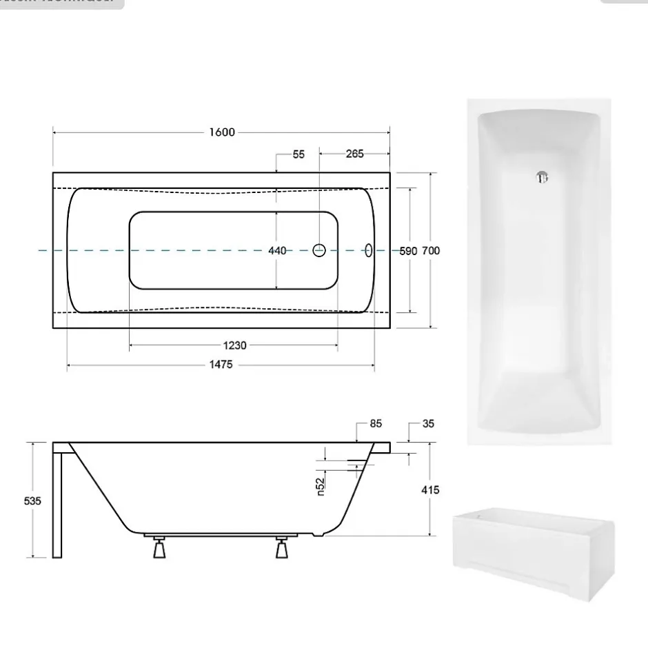 Besco Baignoire rectangulaire - 160 x 70 cm - sans Habillage - avec Pieds - Vidage Chrome - OPTIMA