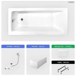 Besco Baignoire rectangulaire - 160 x 75 cm - avec Tablier Blanc - Pieds - Poignées - Repose-tête - Vidage Chrome - TALIA PREMIUM