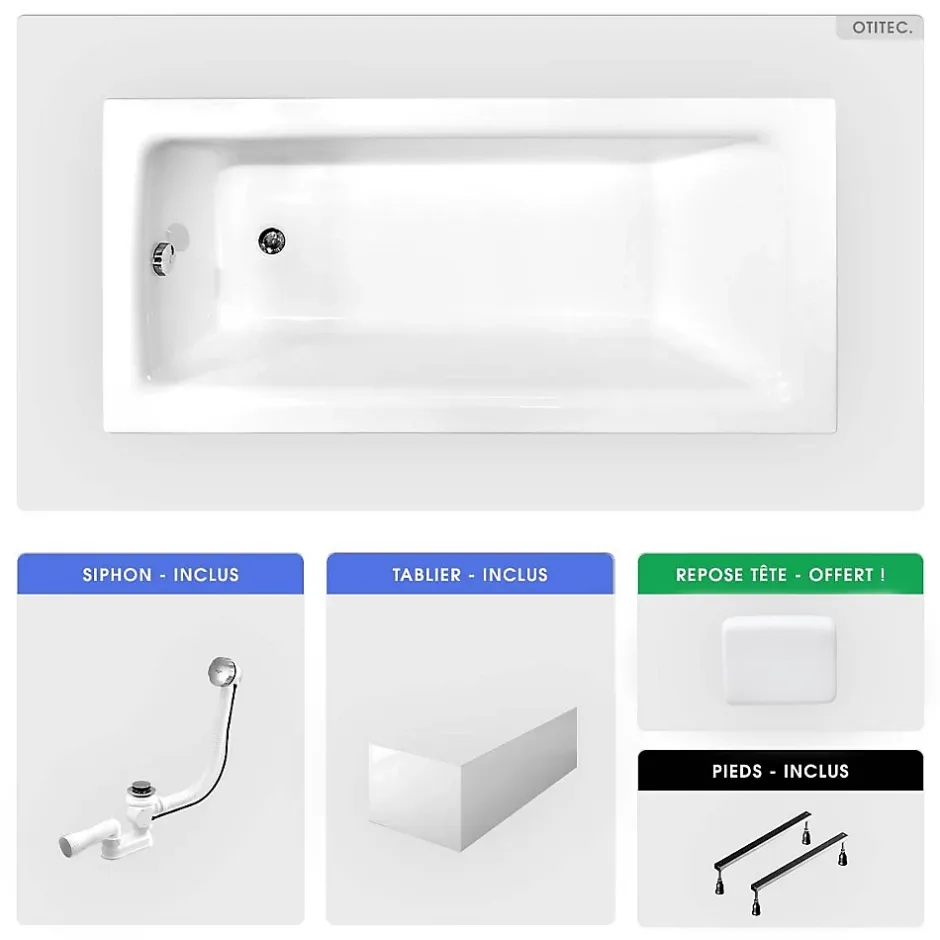 Besco Baignoire rectangulaire - 160 x 75 cm - avec Tablier Blanc - Pieds - Poignées - Repose-tête - Vidage Chrome - TALIA PREMIUM