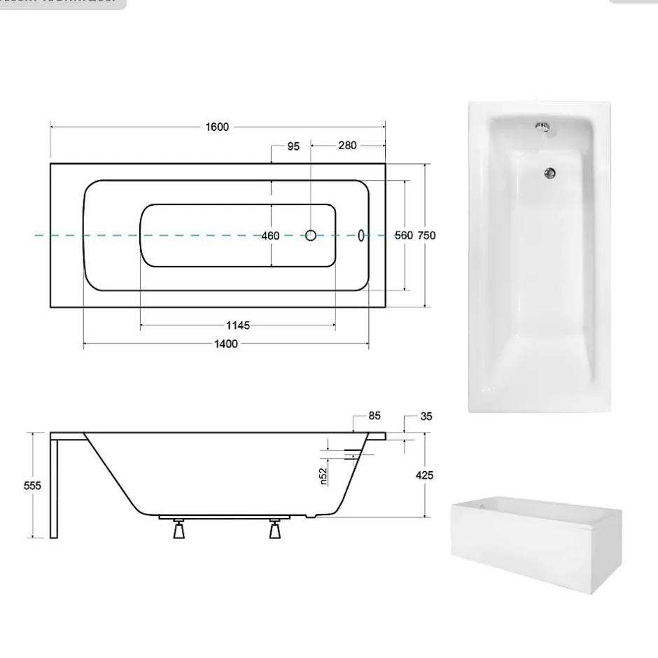 Besco Baignoire rectangulaire - 160 x 75 cm - avec Tablier Blanc - Pieds - Poignées - Repose-tête - Vidage Chrome - TALIA PREMIUM