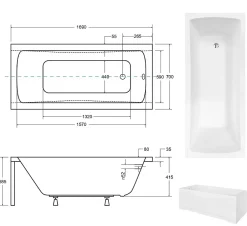 Besco Baignoire rectangulaire + tablier blanc + repose tête - OPTIMA - 170 x 70 cm* Baignoire Droite