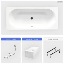 Besco Baignoire rectangulaire - 160 x 75 cm - avec Habillage Polystyrène - Pieds - Vidage Chrome - VITAE SLIM