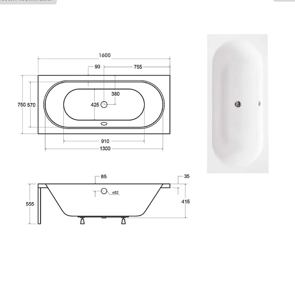 Besco Baignoire rectangulaire - 160 x 75 cm - avec Habillage Polystyrène - Pieds - Vidage Chrome - VITAE SLIM