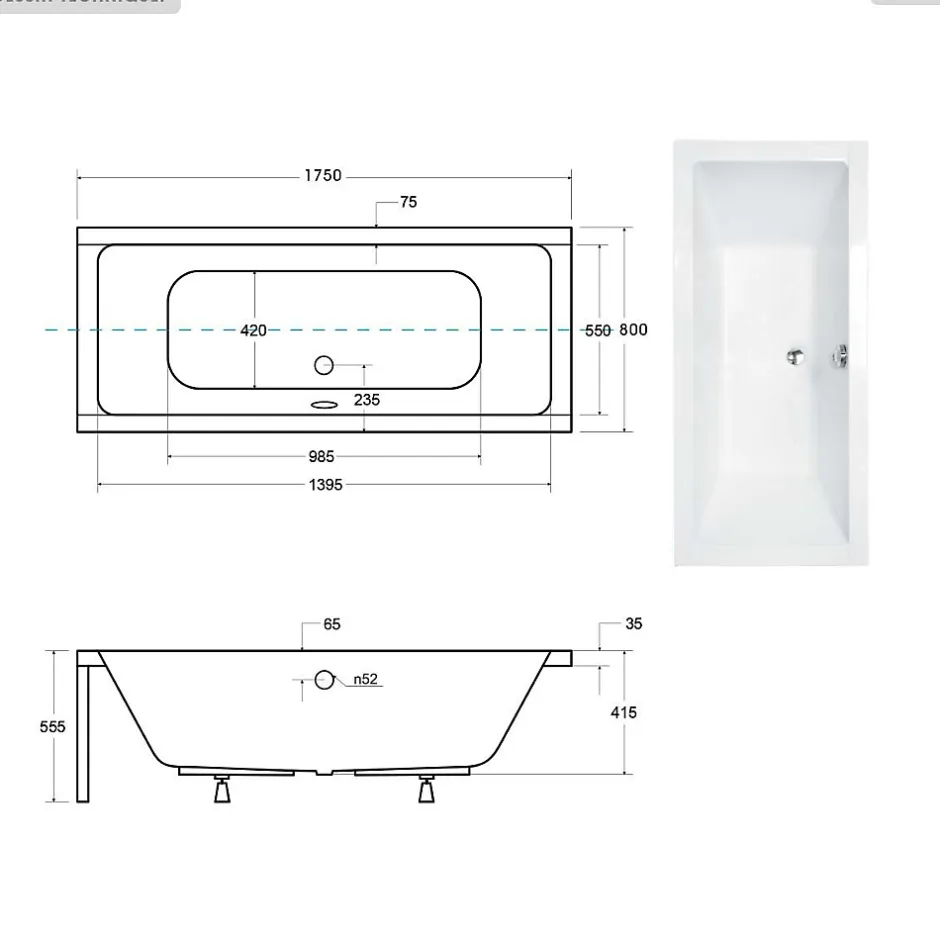 Besco Baignoire rectangulaire - 175 x 80 cm - avec Habillage - Pieds - Vidage Chrome - QUADRO SLIM