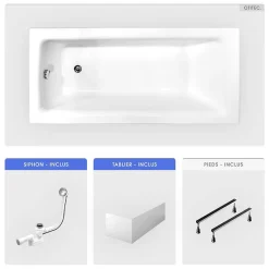 Besco Baignoire rectangulaire - 170 x 75 cm - avec Tablier Blanc - Pieds - Vidage Chrome - TALIA