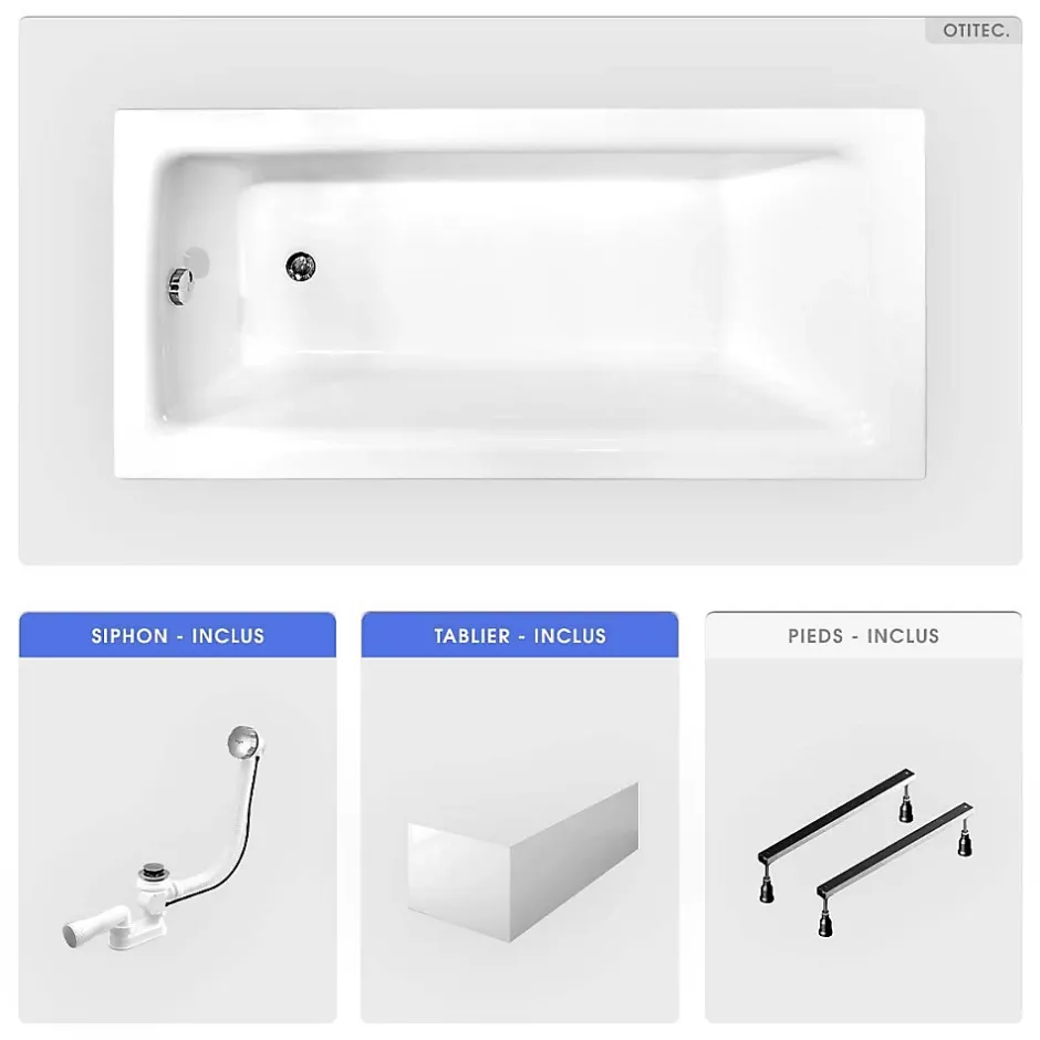 Besco Baignoire rectangulaire - 170 x 75 cm - avec Tablier Blanc - Pieds - Vidage Chrome - TALIA