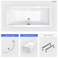Besco Baignoire rectangulaire - 180 x 80 cm - avec Habillage Polystyrène - Pieds - Vidage Chrome - QUADRO* Baignoire Droite