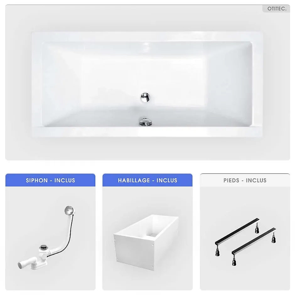 Besco Baignoire rectangulaire - 180 x 80 cm - avec Habillage Polystyrène - Pieds - Vidage Chrome - QUADRO* Baignoire Droite