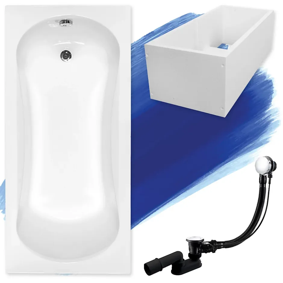 Badland Baignoire rectangulaire 130 x 70 ARIA acrylique blanc + Support stabilisateur en polystyrène + Pieds + Vidage à chromé