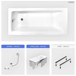 Besco Baignoire rectangulaire - 110 x 70 cm - avec Habillage - Pieds - Vidage Chrome - TALIA* Baignoire Droite