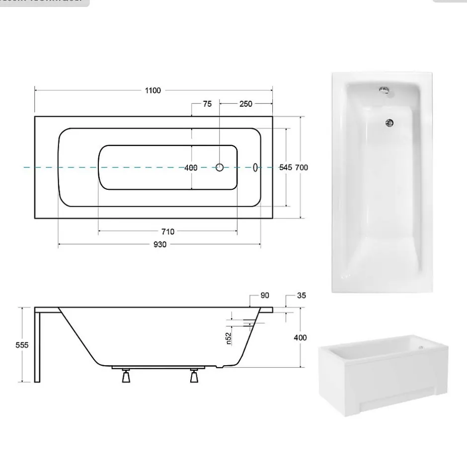 Besco Baignoire rectangulaire - 110 x 70 cm - avec Habillage - Pieds - Vidage Chrome - TALIA* Baignoire Droite
