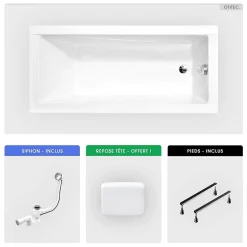 Besco Baignoire rectangulaire - 180 x 80 cm - sans Habillage - avec Pieds - Repose-tête - Vidage Chrome - MODERN* Baignoire Droite