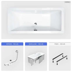 Besco Baignoire rectangulaire - 190 x 90 cm - avec Habillage - Pieds - Vidage Chrome - QUADRO