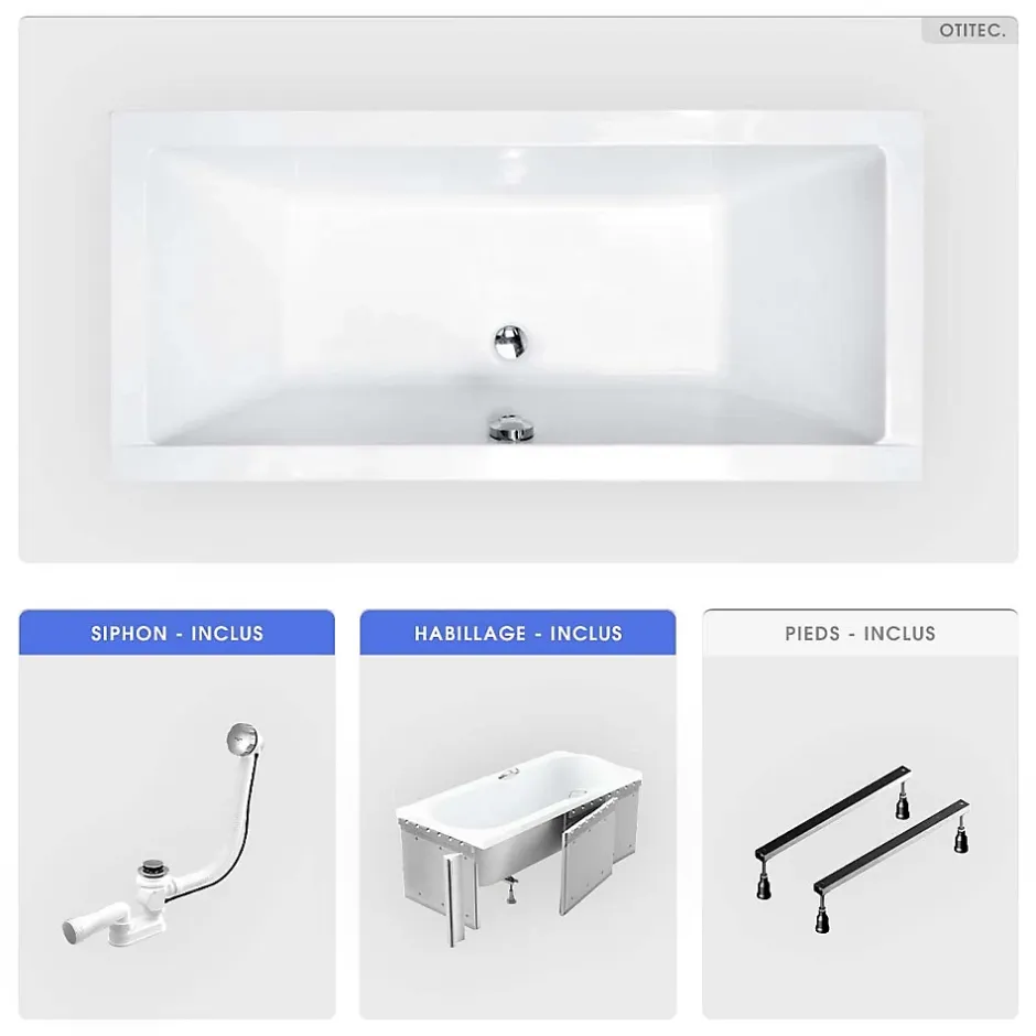Besco Baignoire rectangulaire - 190 x 90 cm - avec Habillage - Pieds - Vidage Chrome - QUADRO