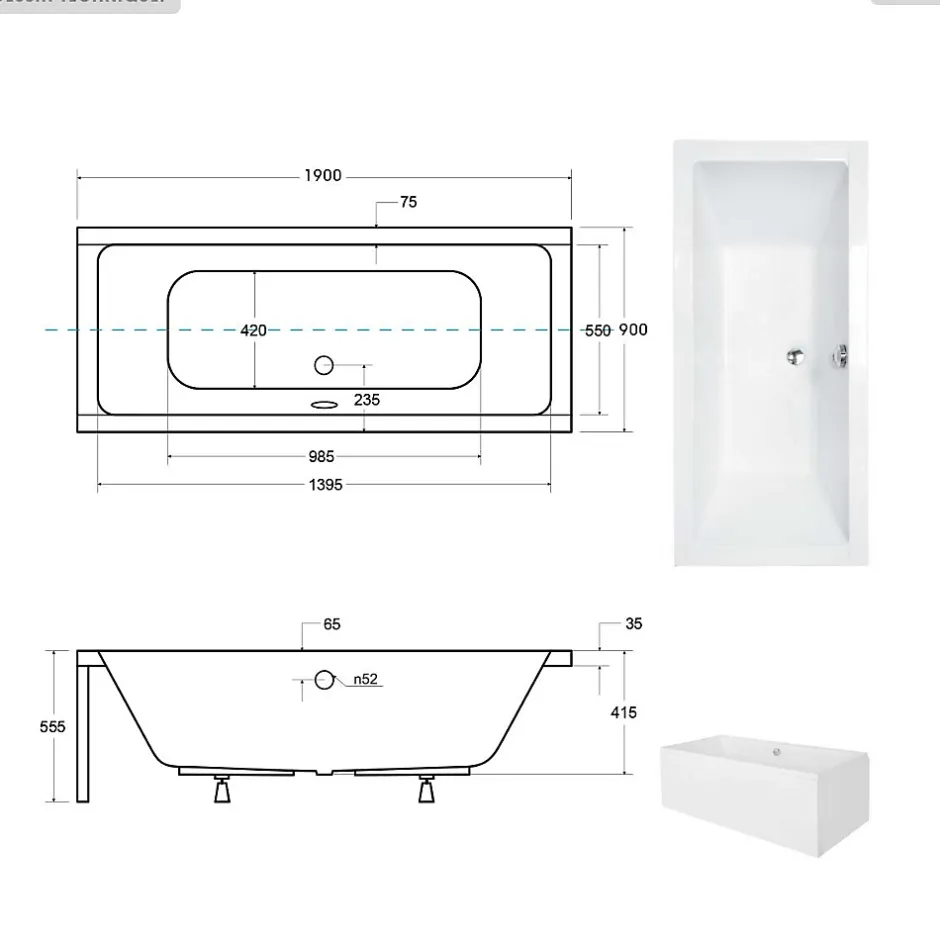 Besco Baignoire rectangulaire - 190 x 90 cm - avec Habillage - Pieds - Vidage Chrome - QUADRO