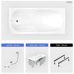 Besco Baignoire rectangulaire - 190 x 80 cm - avec Habillage - Pieds - Vidage Chrome - BONA* Baignoire Droite
