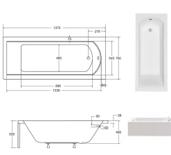 Besco Baignoire rectangulaire + tablier blanc + repose tête - SHEA - 140 x 70 cm* Baignoire Droite
