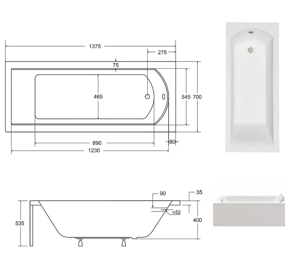 Besco Baignoire rectangulaire + tablier blanc + repose tête - SHEA - 140 x 70 cm* Baignoire Droite
