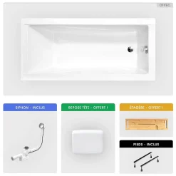 Besco Baignoire rectangulaire - 180 x 80 cm - sans Habillage - avec Pieds - Repose-tête - Étagère bambou - Vidage Chrome - MODERN* Baignoire Droite