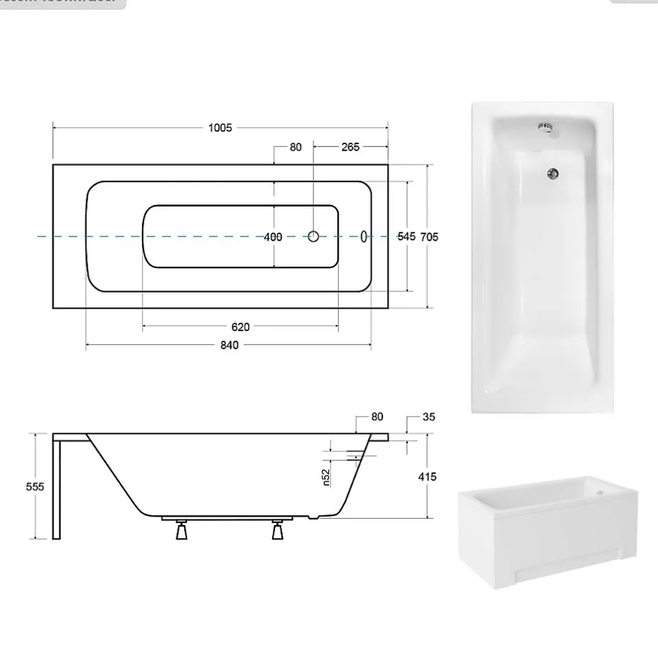 Besco Baignoire rectangulaire - 100 x 70 cm - avec Tablier Blanc - Pieds - Vidage Chrome - TALIA