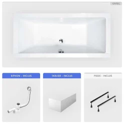 Besco Baignoire rectangulaire - 165 x 75 cm - avec Tablier - Pieds - Vidage Chrome - QUADRO* Baignoire Droite