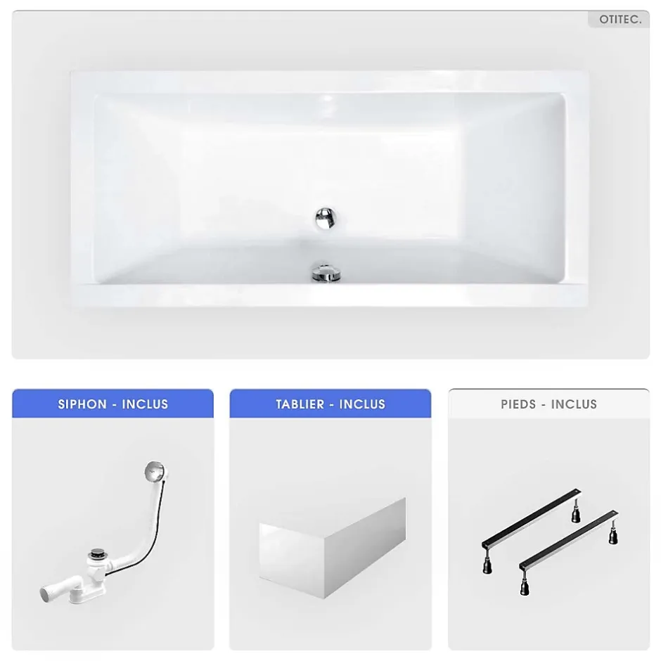 Besco Baignoire rectangulaire - 165 x 75 cm - avec Tablier - Pieds - Vidage Chrome - QUADRO* Baignoire Droite