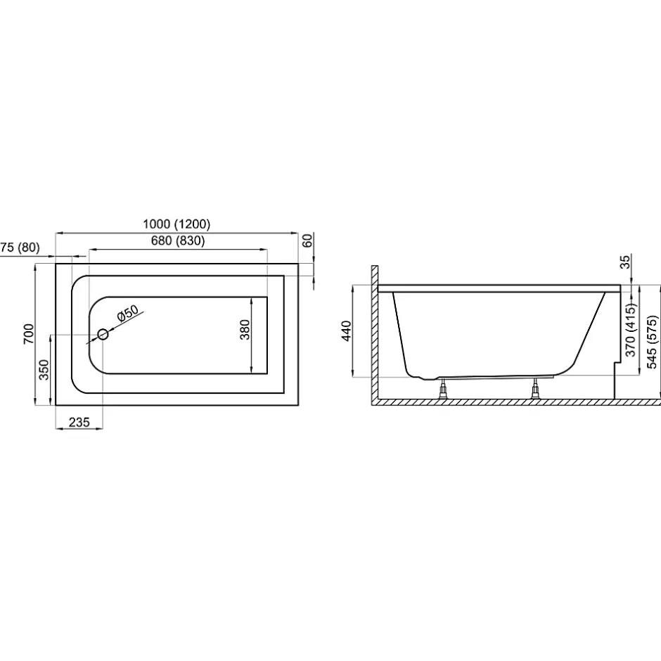 Badland Baignoire rectangulaire 100 x 70 CAPRI acrylique blanc + Support stabilisateur en polystyrène + Pieds + Vidage à chromé
