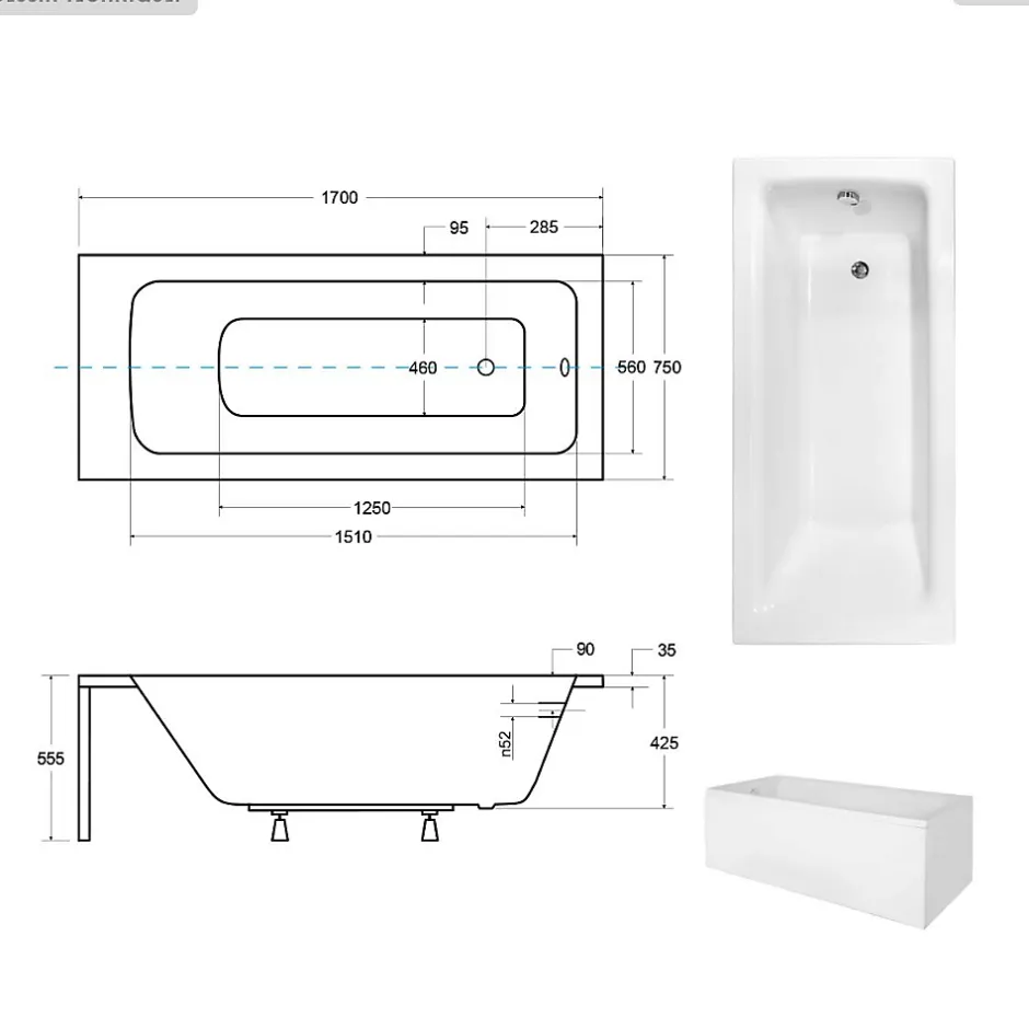 Besco Baignoire rectangulaire - 170 x 75 cm - sans Habillage - avec Pieds - Vidage Chrome - TALIA* Baignoire Droite