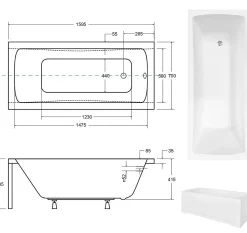 Besco Baignoire rectangulaire + tablier noir mat + repose tête - OPTIMA - 160 x 70 cm