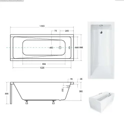 Besco Baignoire rectangulaire - 130 x 70 cm - sans Habillage - avec Pieds - Repose-tête - Vidage Chrome - MODERN