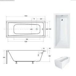 Besco Baignoire rectangulaire - 180 x 80 cm - avec Tablier Blanc - Pieds - Vidage Chrome - MODERN* Baignoire Droite