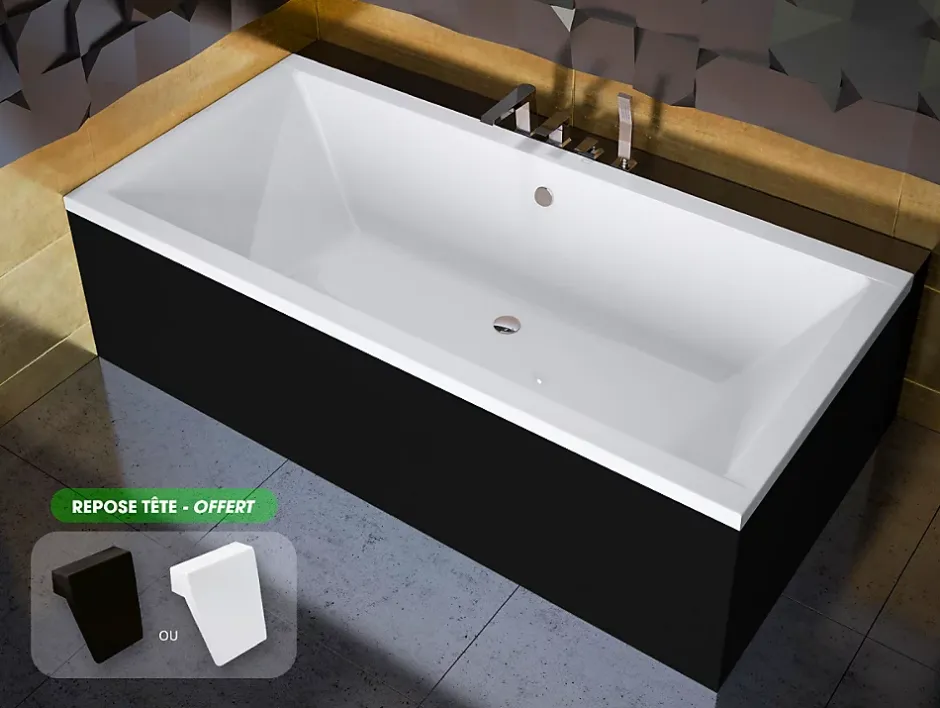 Besco Baignoire rectangulaire - avec Tablier Noir Mat et Repose Tête OFFERT - QUADRO - 190 x 90 cm