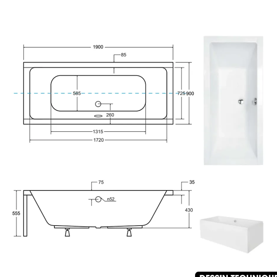 Besco Baignoire rectangulaire - avec Tablier Noir Mat et Repose Tête OFFERT - QUADRO - 190 x 90 cm
